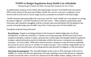 NYHPA to Budget Negotiators: Keep Health Care Affordable