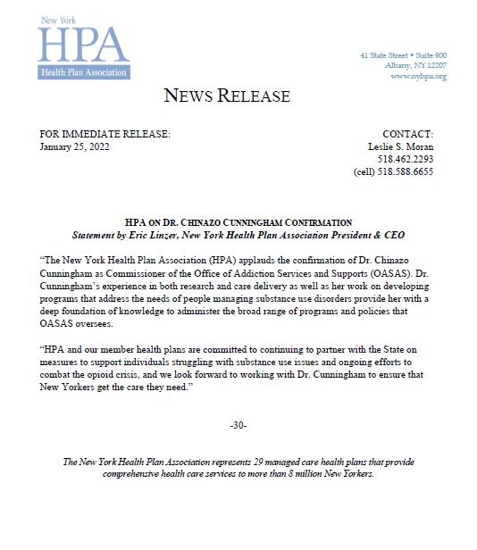HPA Statement on OASAS Commissioner Confirmation NYHPA The New