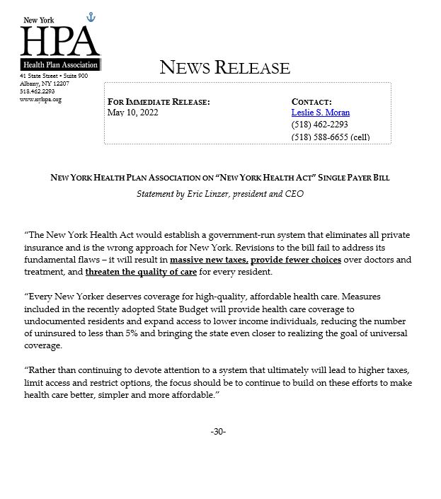 HPA Statement on NY Health Act NYHPA The New York Health Plan