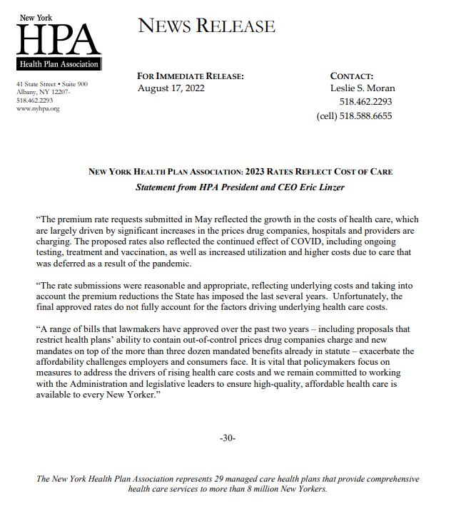 HPA Statement on 2023 Rates NYHPA The New York Health Plan Association